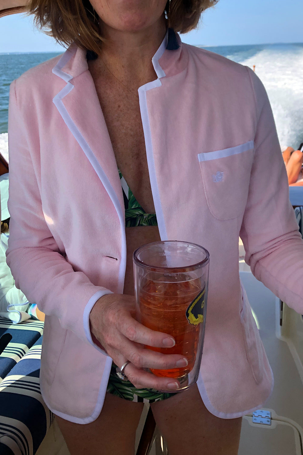 The Blush: Women's Pink & White Trim Toweling Blazer